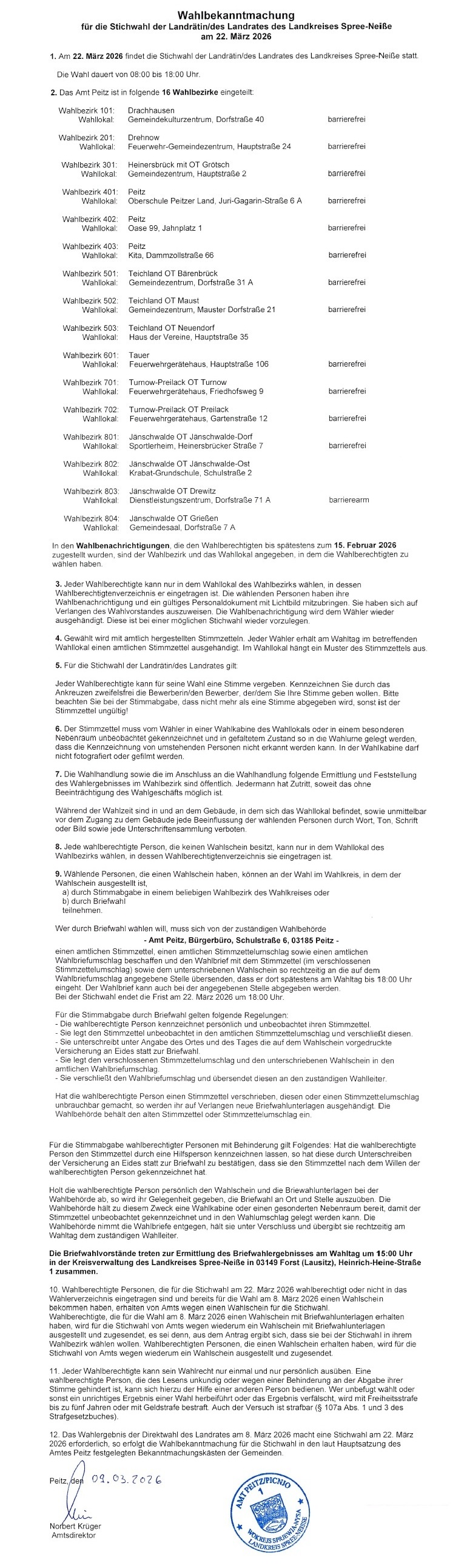 Wahlbekanntmachung Stichwahl in deutscher Fassung