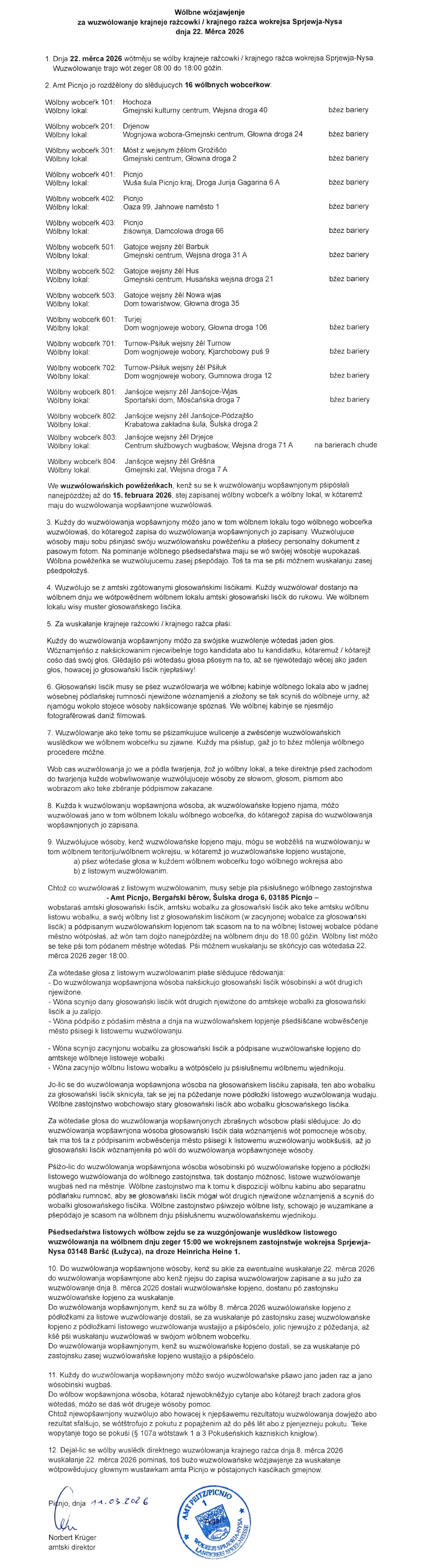 Wahlbekanntmachung Stichwahl in sorbischer Fassung